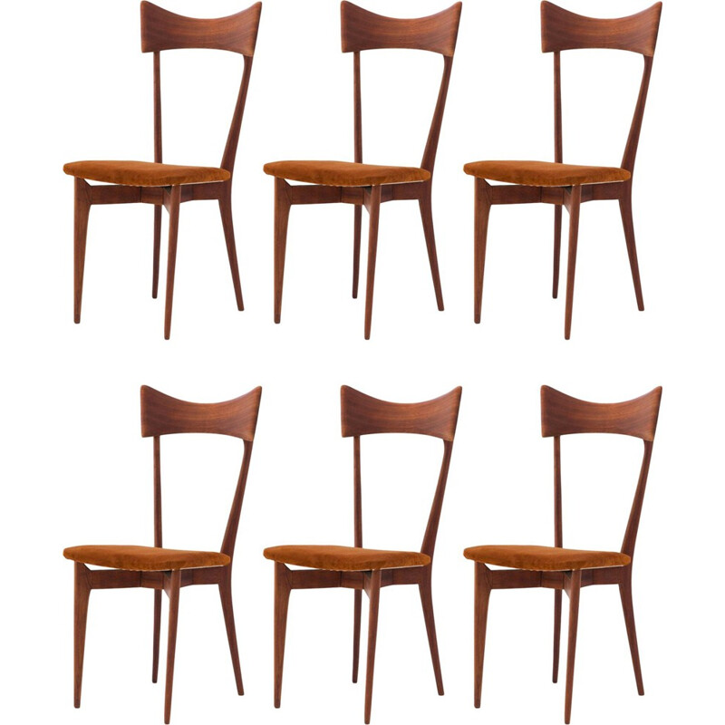 Vintage set of 6 Italian dining chairs in leather and mahogany by Ico Parisi - 1950s