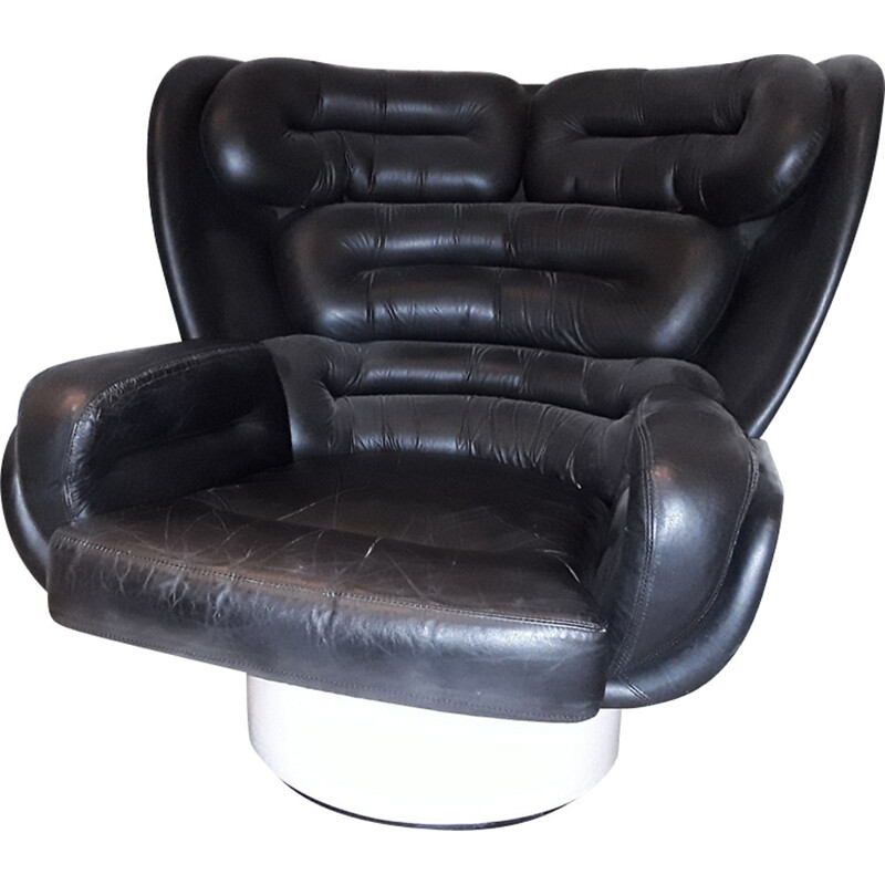 Vintage "Elda" armchair in black leather by Joe Colombo - 1970s