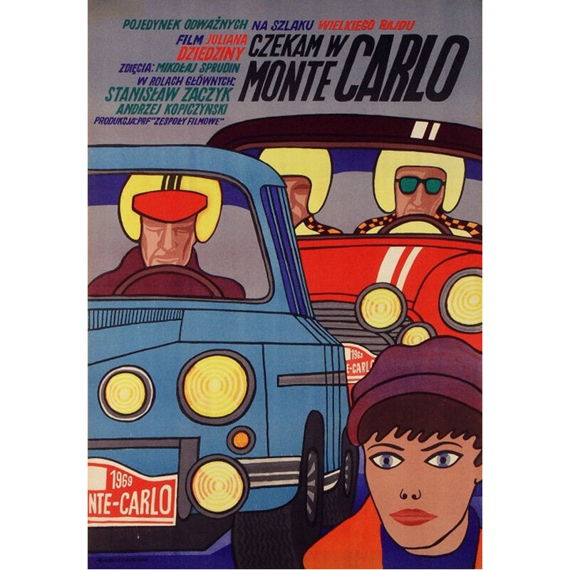 Cartel original polaco de época "Esperaré en Montecarlo" de Andrzej Krajewski, 1960