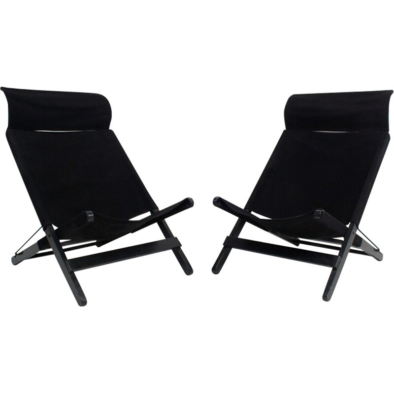 Set of 2 Vintage Black Canvas Folding Chairs - 1970s 