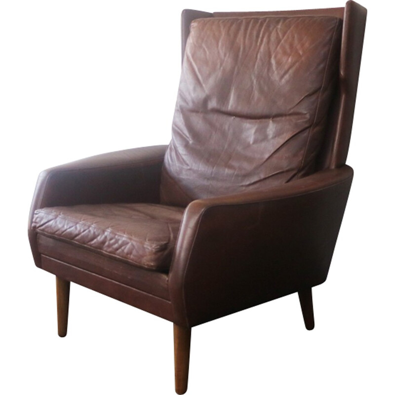 Fauteuil vintage à dossier haut en cuir marron - 1970