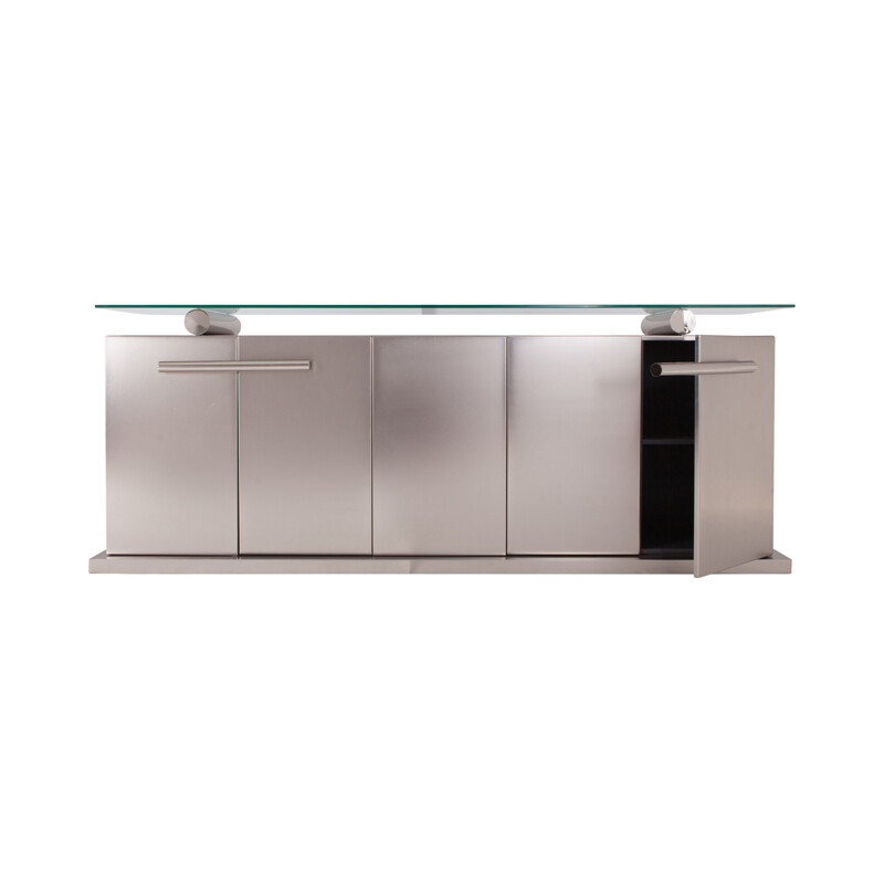 Belgo Chrom Sideboard With Floating Glass In Brushed Stainless Steel   - 1970s