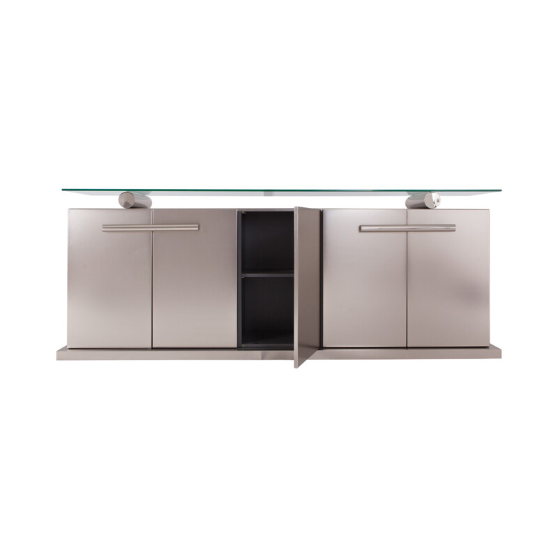 Belgo Chrom Sideboard With Floating Glass In Brushed Stainless Steel   - 1970s
