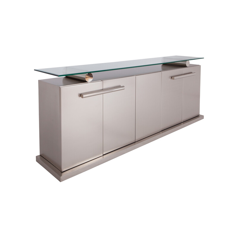 Belgo Chrom Sideboard With Floating Glass In Brushed Stainless Steel   - 1970s