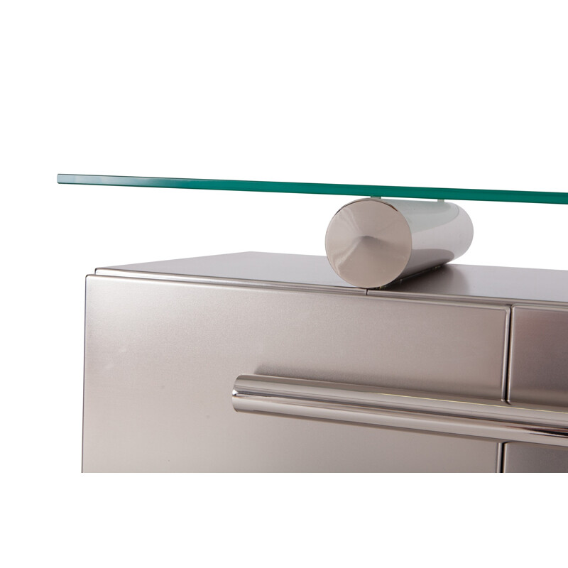 Belgo Chrom Sideboard With Floating Glass In Brushed Stainless Steel   - 1970s