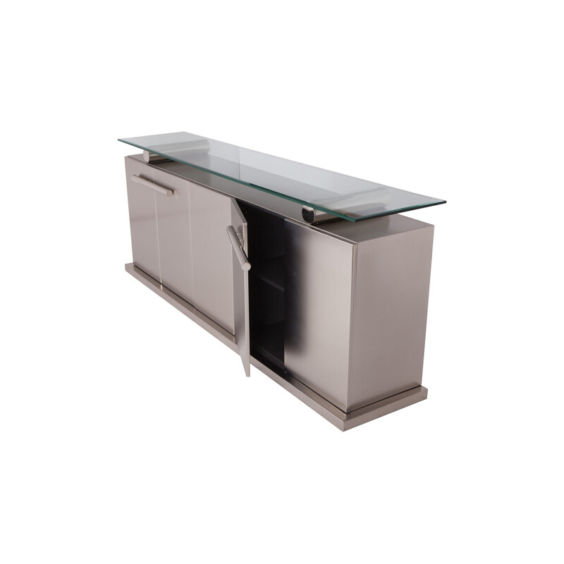 Belgo Chrom Sideboard With Floating Glass In Brushed Stainless Steel   - 1970s