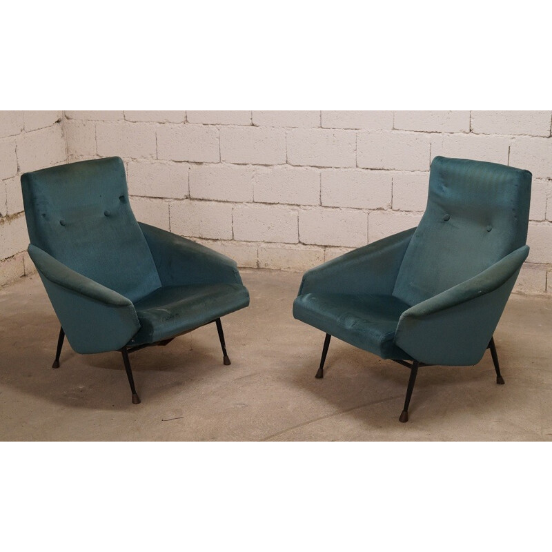 Pair of armchairs in velvet and metal - 1950s