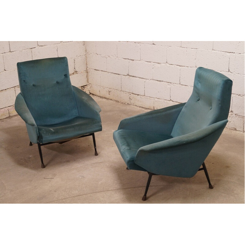 Paire de fauteuils vintage en velours et acier - 1950
