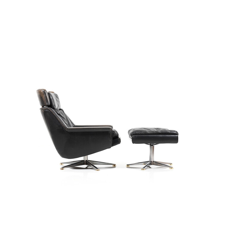 Danish Leather Swivel Lounge Chair and Ottoman by Werner Langenfeld for ESA - 1970s