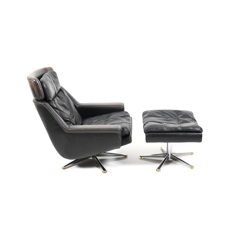 Danish Leather Swivel Lounge Chair and Ottoman by Werner Langenfeld for ESA - 1970s