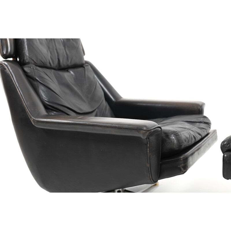 Danish Leather Swivel Lounge Chair and Ottoman by Werner Langenfeld for ESA - 1970s