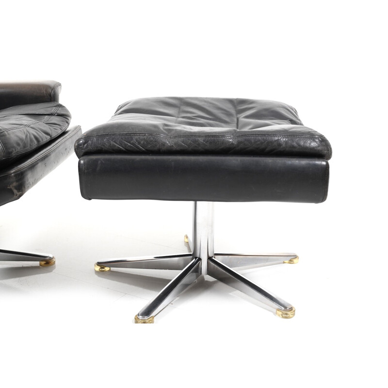 Danish Leather Swivel Lounge Chair and Ottoman by Werner Langenfeld for ESA - 1970s