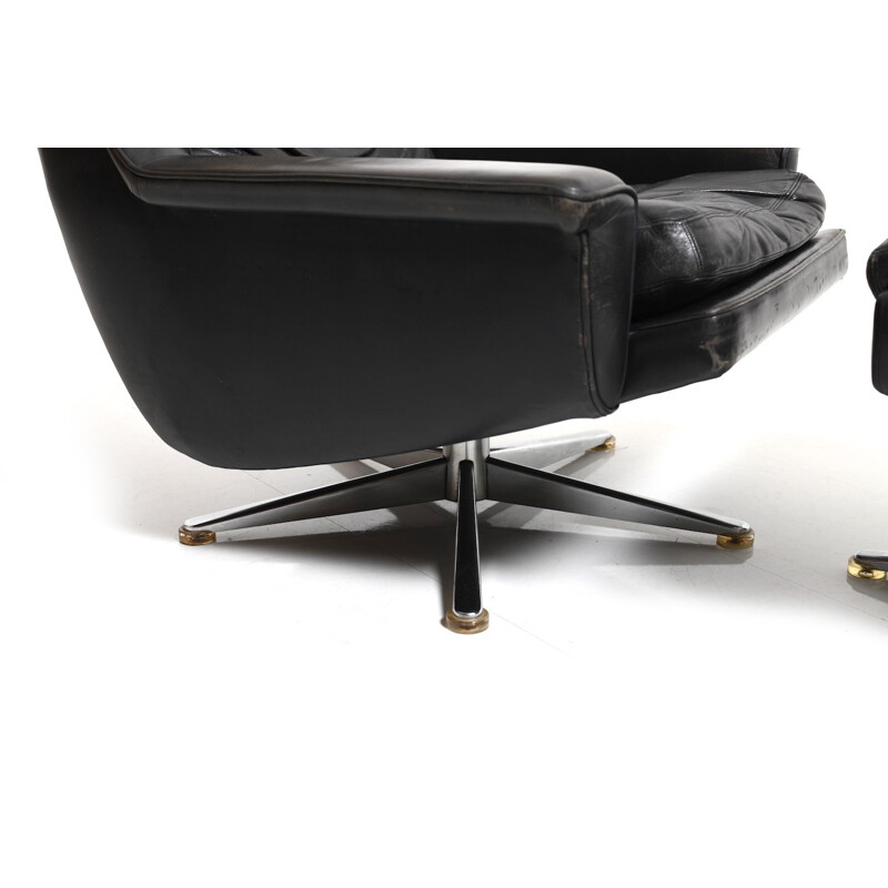 Danish Leather Swivel Lounge Chair and Ottoman by Werner Langenfeld for ESA - 1970s