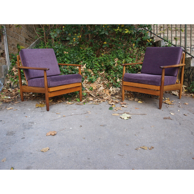 Pair of scandinavian armchairs in solid teak, Grete JALK - 1960s