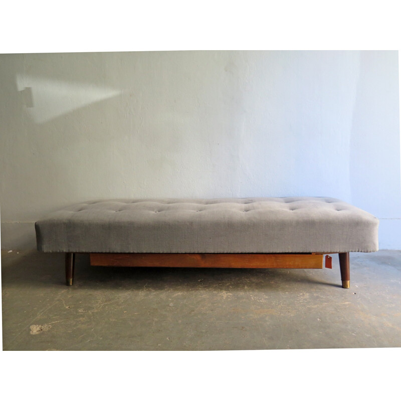 Vintage daybed in mahogany with grey fabric - 1950s