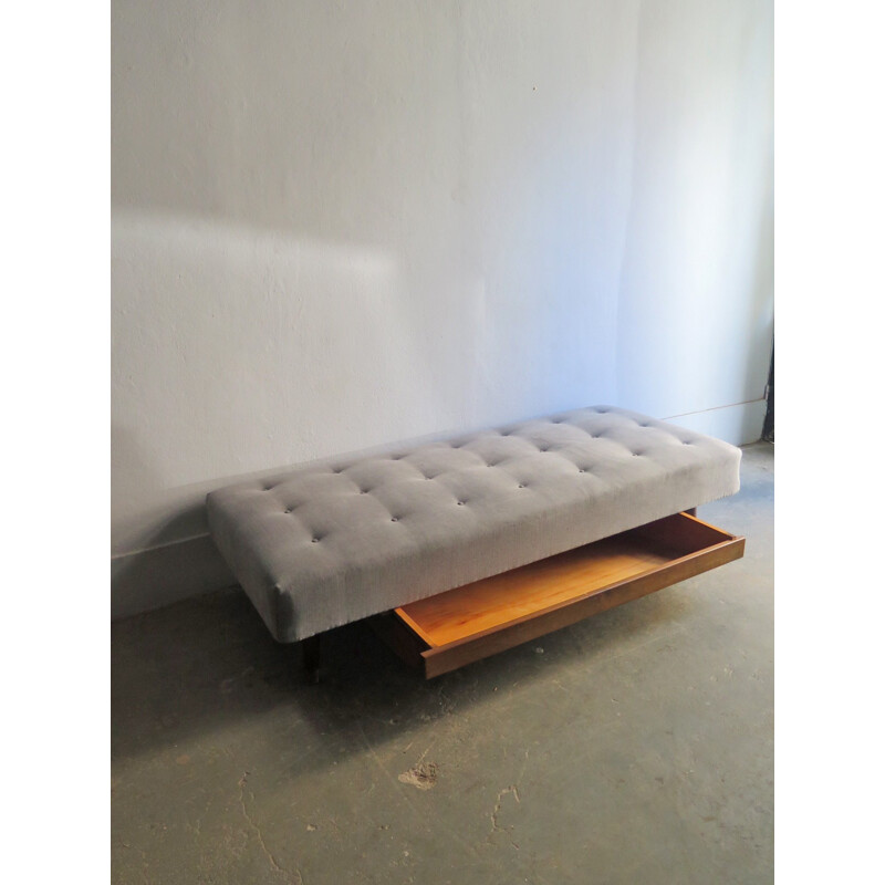 Vintage daybed in mahogany with grey fabric - 1950s