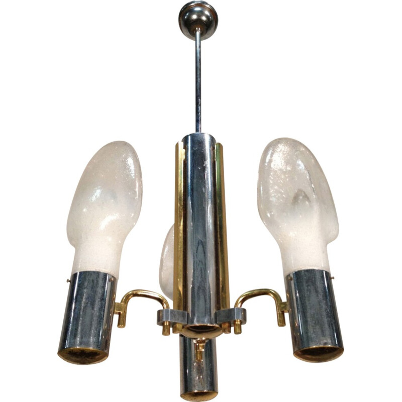 Vintage hanging lamp in chrome, brass and glass opaline - 1970s