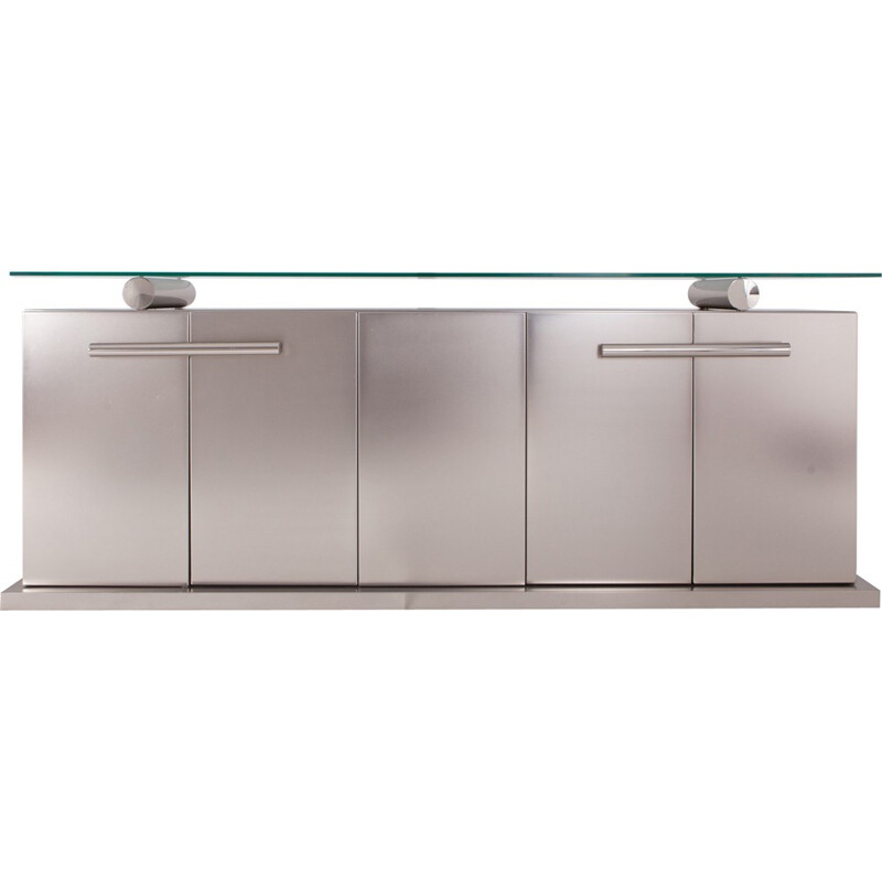 Belgo Chrom Sideboard With Floating Glass In Brushed Stainless Steel   - 1970s