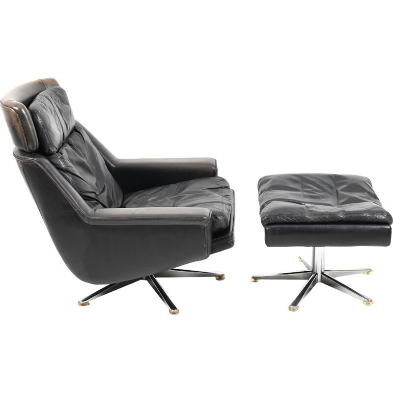 Danish Leather Swivel Lounge Chair and Ottoman by Werner Langenfeld for ESA - 1970s