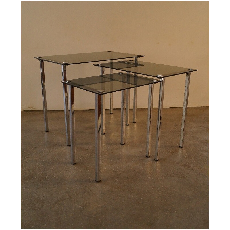 Set of 3 vintage nesting tables in metal and glass - 1970s