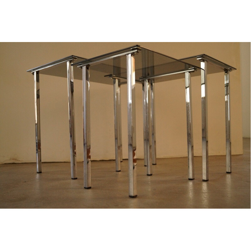 Set of 3 vintage nesting tables in metal and glass - 1970s