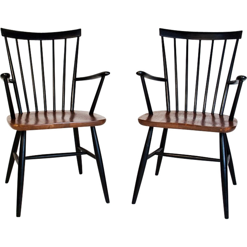 Pair of armchairs in teak and black lacquered wood - 1950s
