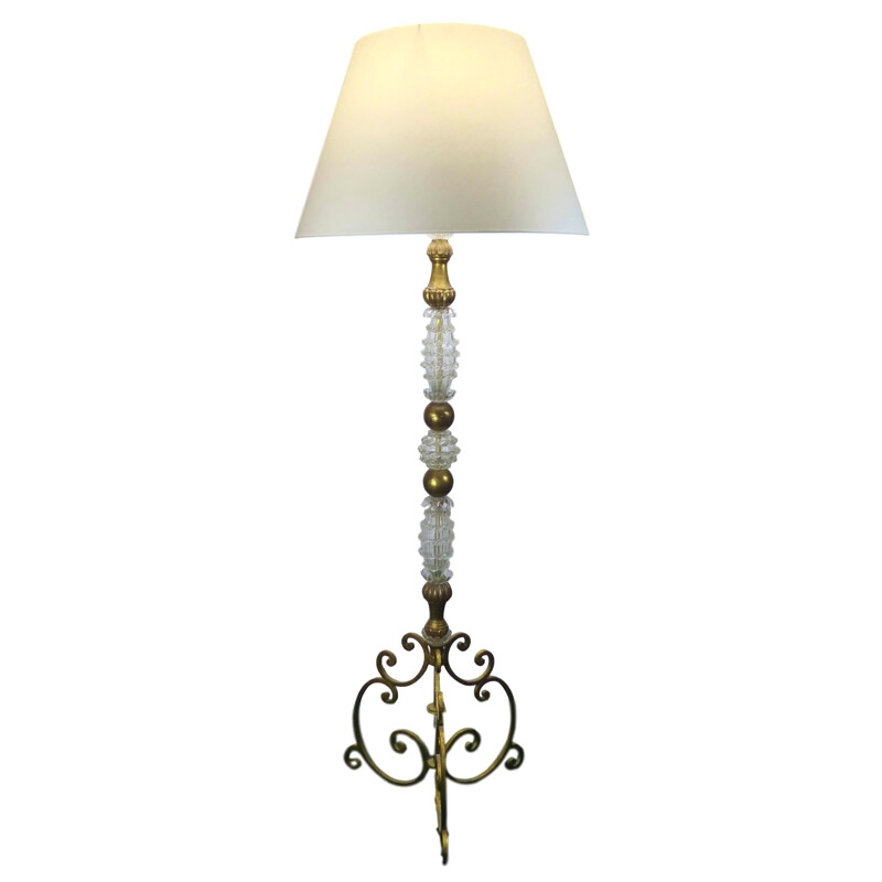 Vintage baroque floor lamp in Murano glass and gilded wood, Italy 1960