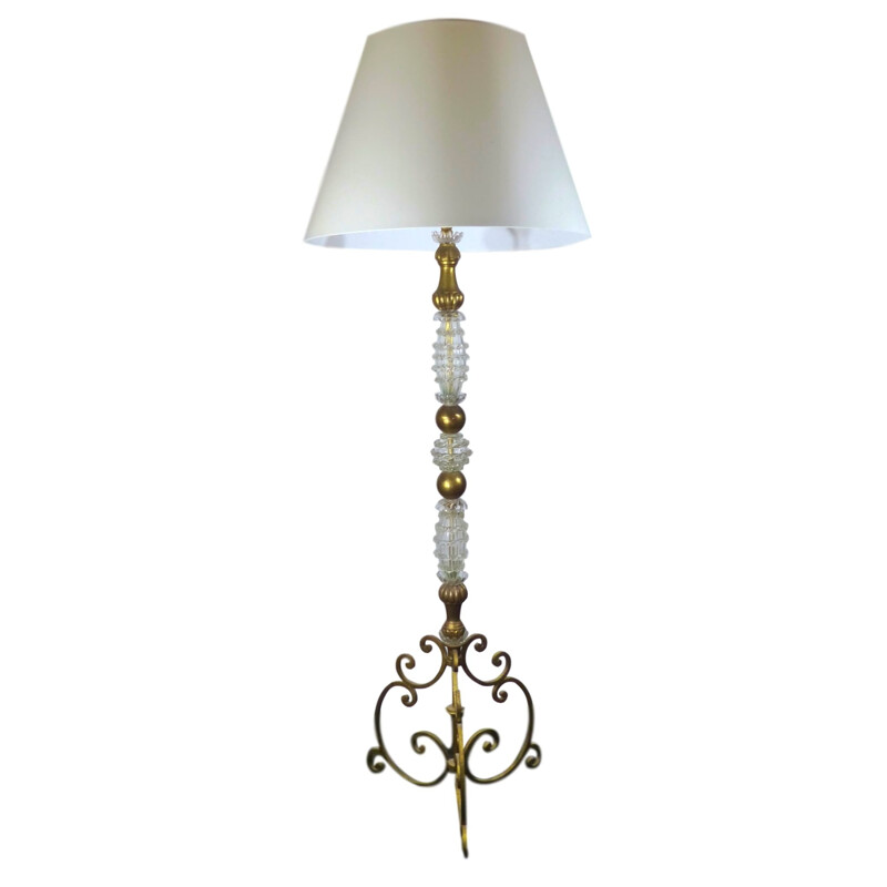 Vintage baroque floor lamp in Murano glass and gilded wood, Italy 1960