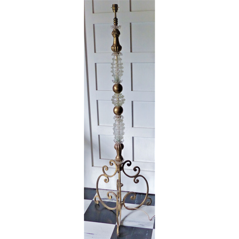 Vintage baroque floor lamp in Murano glass and gilded wood, Italy 1960