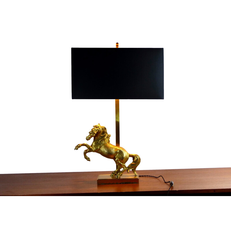 Lámpara vintage de bronce dorado con forma de caballo, 1970