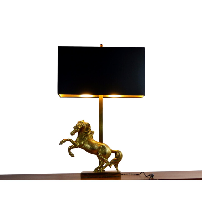 Lámpara vintage de bronce dorado con forma de caballo, 1970