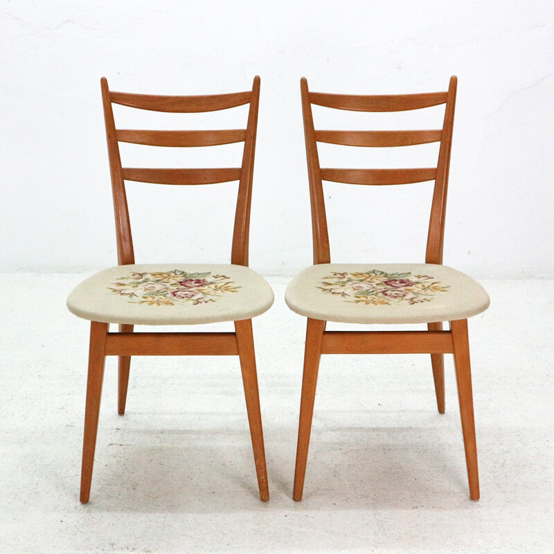 Vintage set of 2 dining chairs in beechwood with floral pattern - 1950s