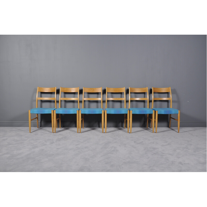 Suite de 6 chaises à repas vintage bleu en chêne - 1960