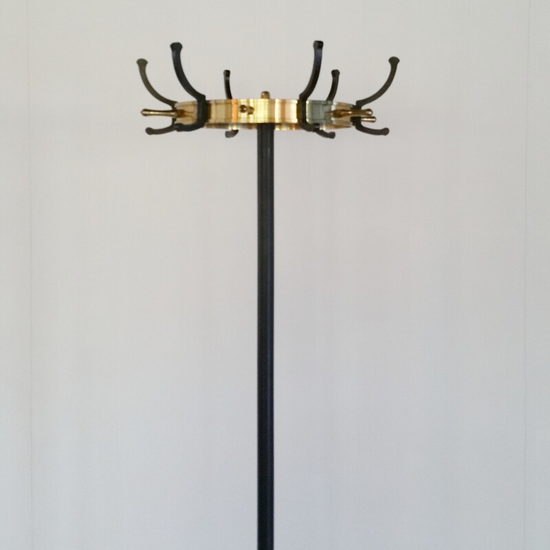 Vintage coat rack in brass and metal by Jacques Adnet - 1950s