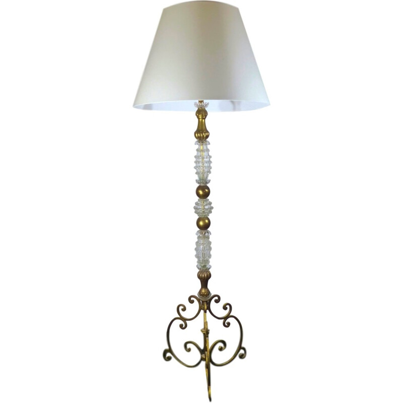 Vintage baroque floor lamp in Murano glass and gilded wood, Italy 1960