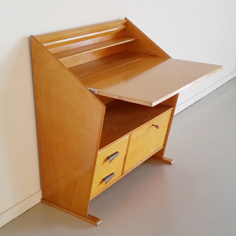 Vintage asymmetrical secretaire in birchwood - 1950s