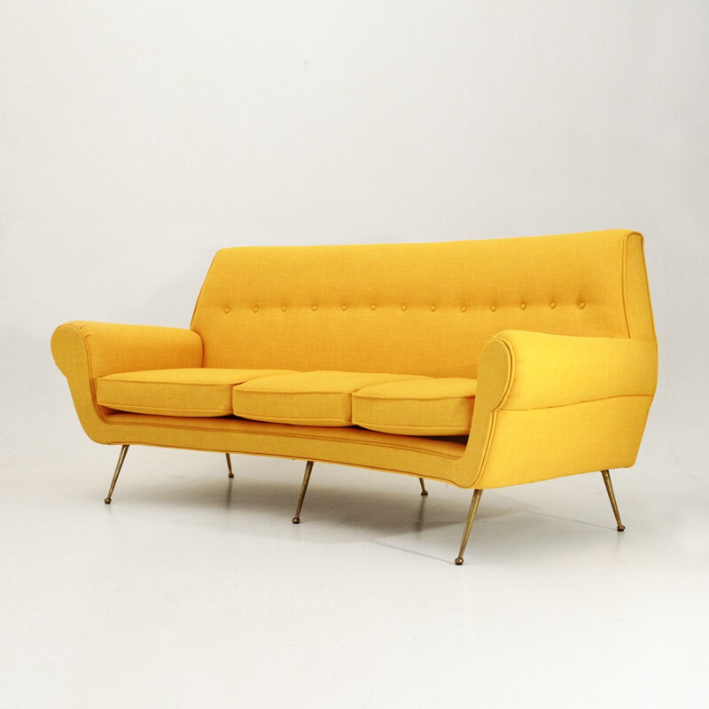 Italian 3-Seater Velvet Sofa with Brass Feet - 1950s