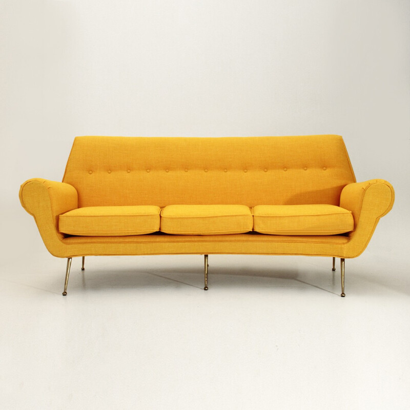 Italian 3-Seater Velvet Sofa with Brass Feet - 1950s