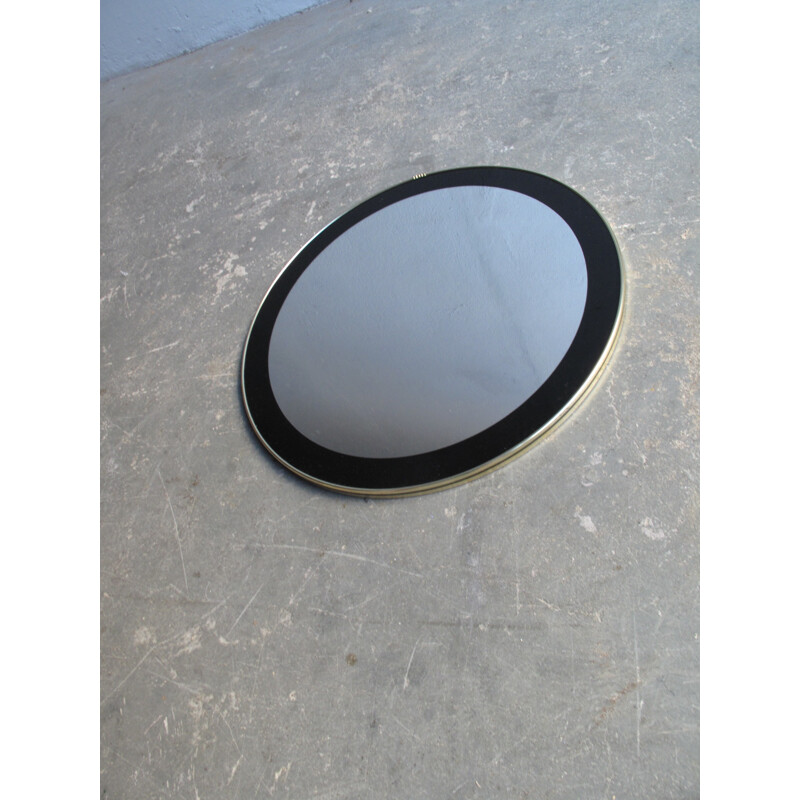 Vintage round mirror with black frame and golden edge - 1960s