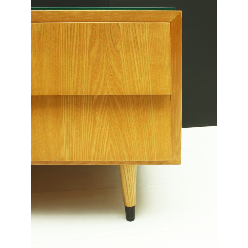 Pair Of Ash Wood Nightstands With Glass Tops - 1950s