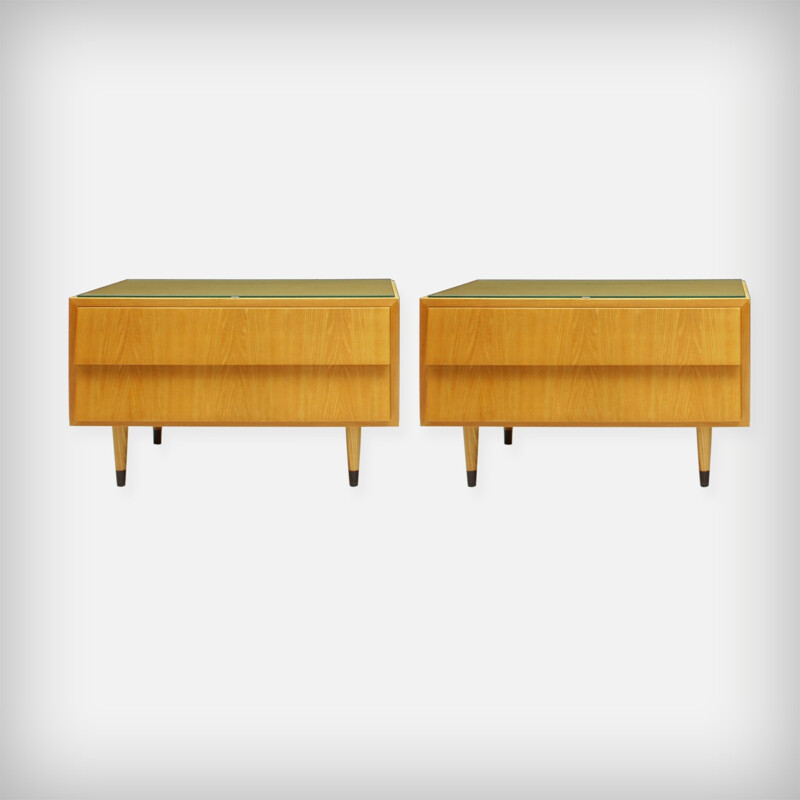 Pair Of Ash Wood Nightstands With Glass Tops - 1950s