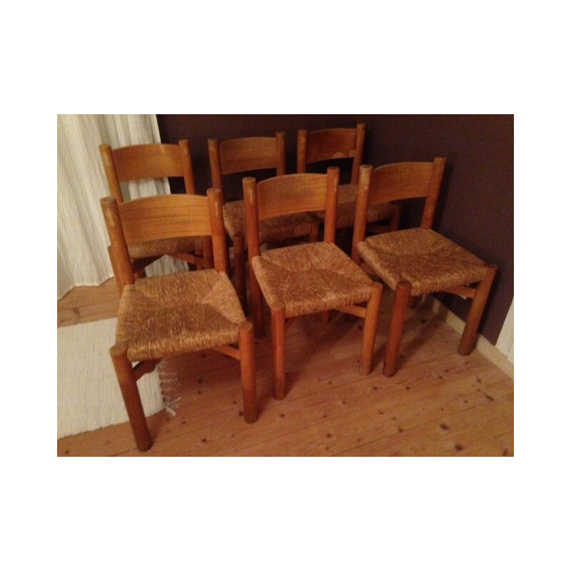 Set of 6 Meribel chairs in oakwood, Charlotte PERRIAND - 1960s