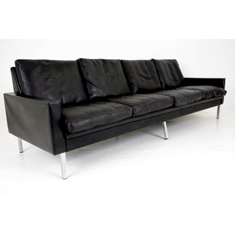 4-seater vintage sofa in black leather - 1960s