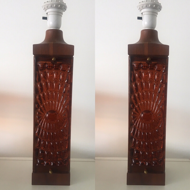 Set of 2 vintage lamps in teak and amber glass - 1960s