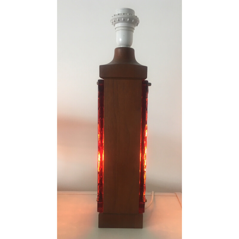 Set of 2 vintage lamps in teak and amber glass - 1960s