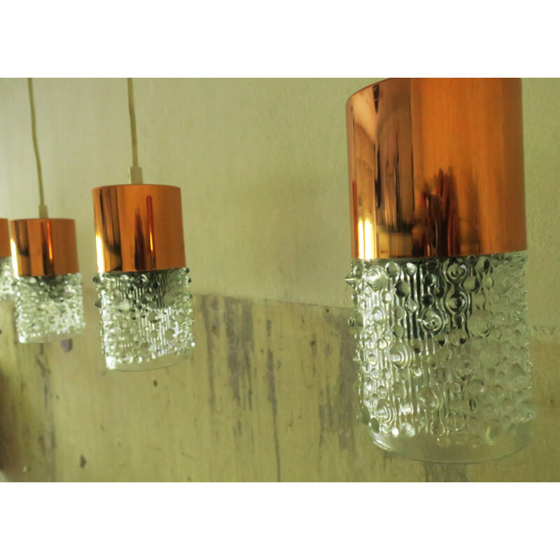 Set of 6 Pendant lamps in Copper and Glass by Doria - 1960s