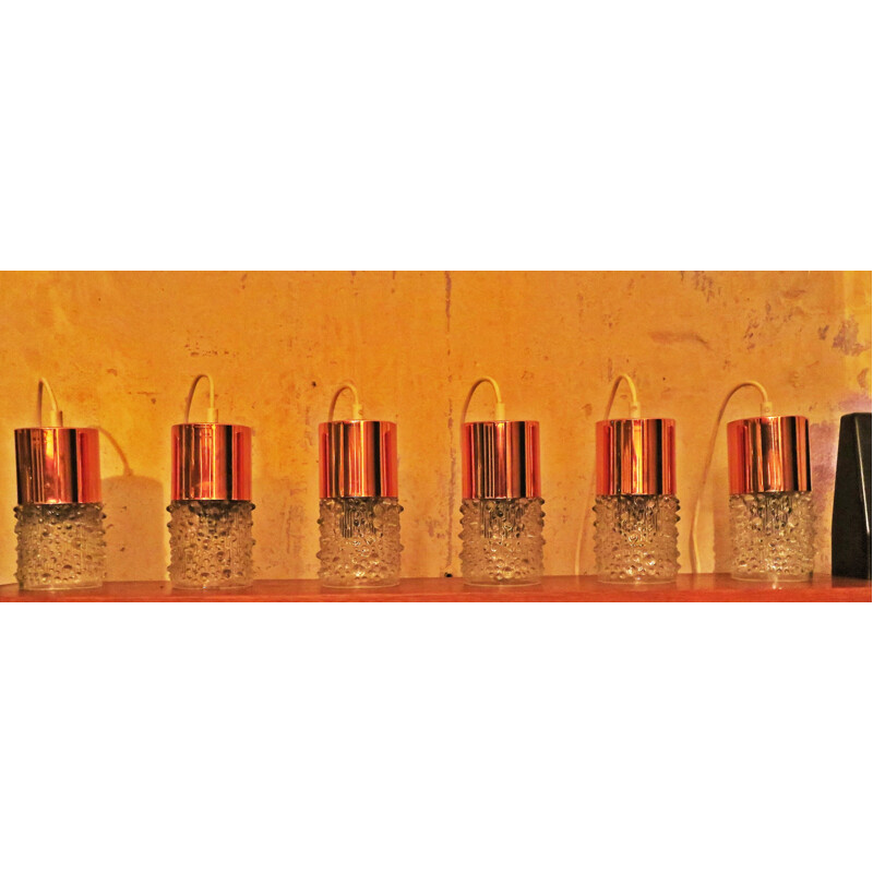 Set of 6 Pendant lamps in Copper and Glass by Doria - 1960s