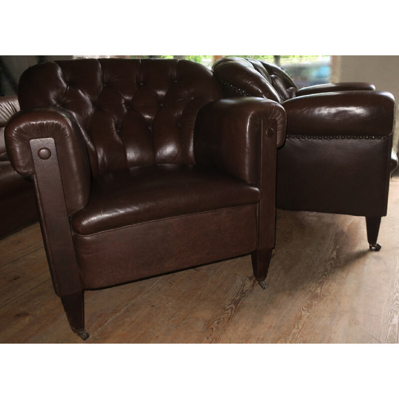 Suite de 2 fauteuils vintage"Club" en cuir marron - 1930