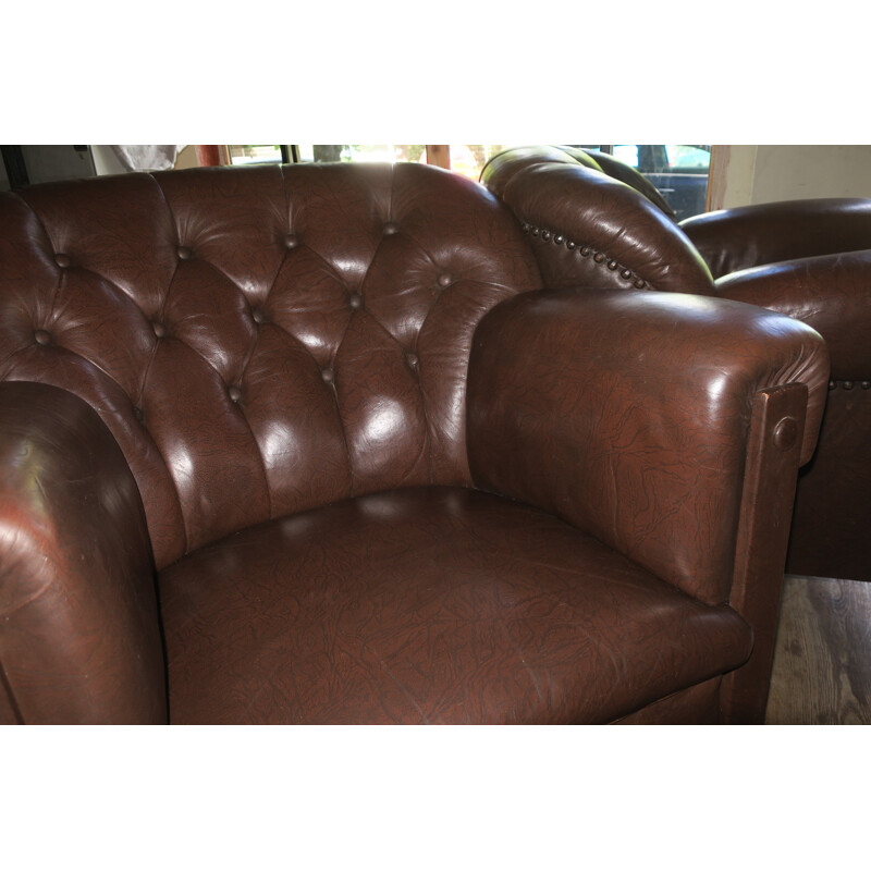 Suite de 2 fauteuils vintage"Club" en cuir marron - 1930