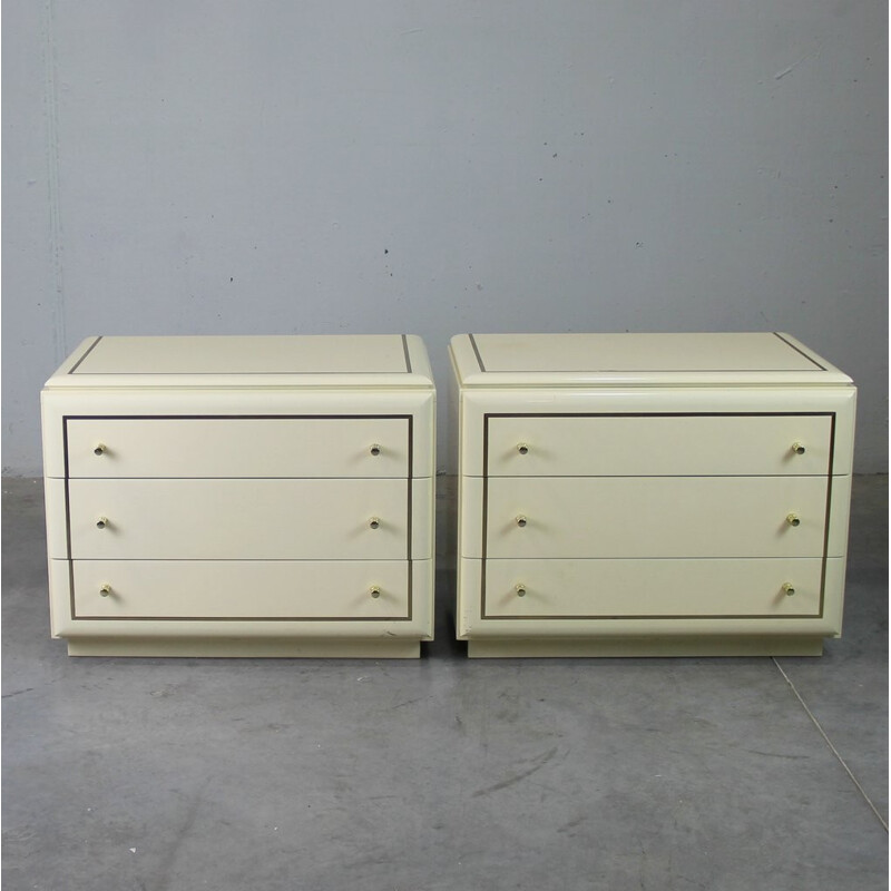 Set of 2 vintage bedside tables in lacquered wood and gold metal - 1970s